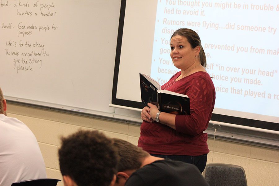 Rachel Gunderson, new English teacher, works the front of the room during class.