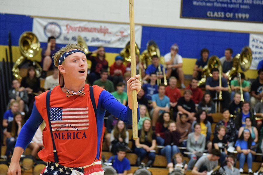 A member of the Falcon Flight Crew giving a fine example of what could be worn for America Day during the homecoming assembly on the 3rd of October.