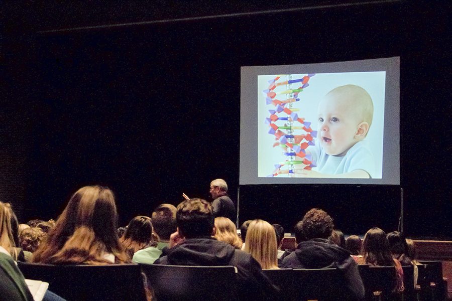 Dr. Sam Rhiene gives students across the Kansas City area a presentation on stem cells and genetics. 