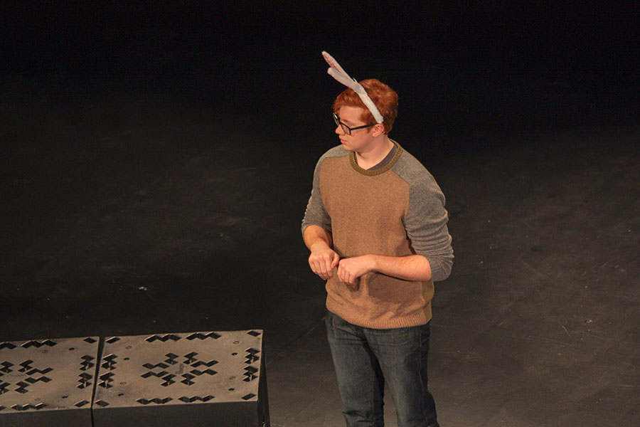 Liam Chewning, senior, acting as a bunny during the third Spring Rep play, “Dear Chuck.”
