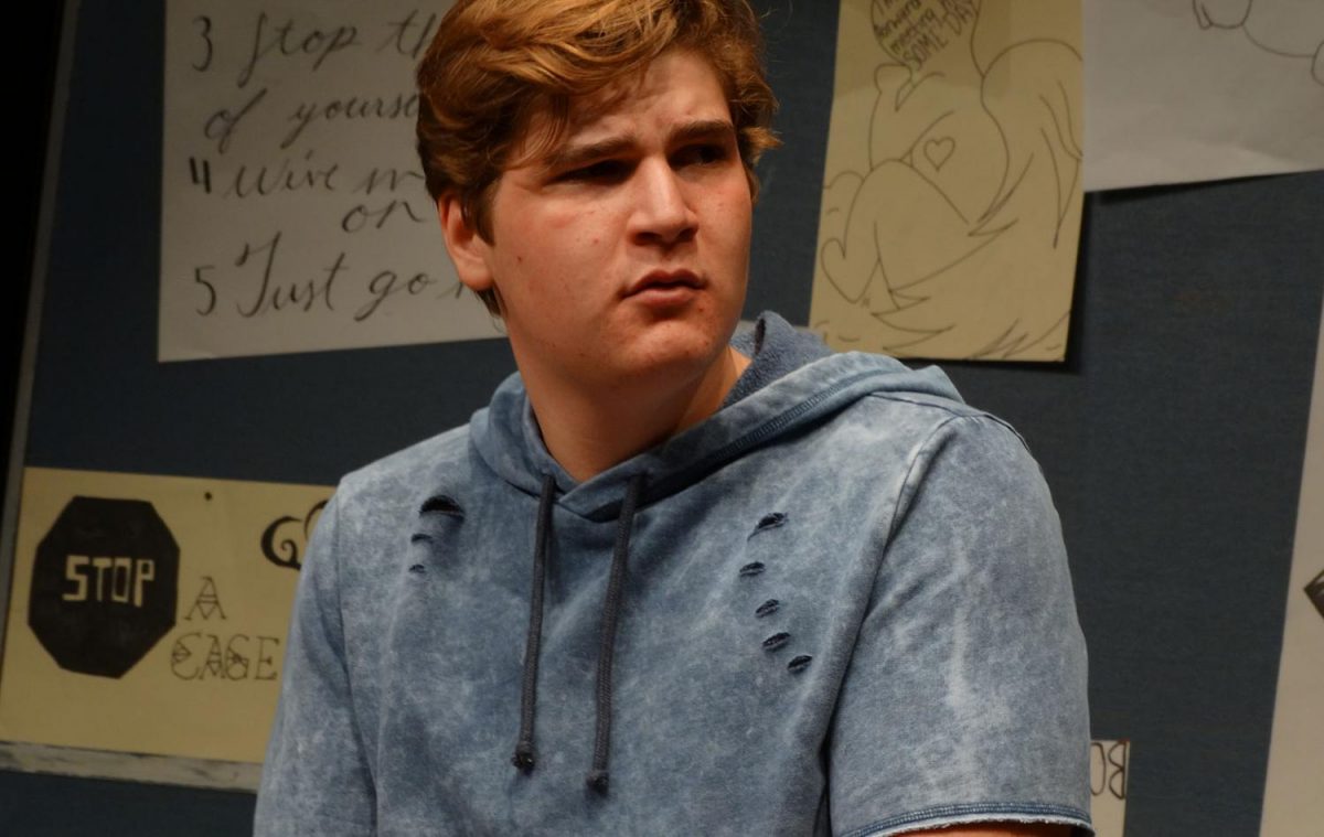 Senior Jaimeson Satterfield plays one of his many characters during the “What I Want to say but Never Will” dress rehearsal. The group of seventeen cast members held this rehearsal on Sept. 6. With only one tech student and seventeen staff members, the full production was able to run on Sept. 7 & 9. The show was about different responses from students across the United States that they want to say but won’t.