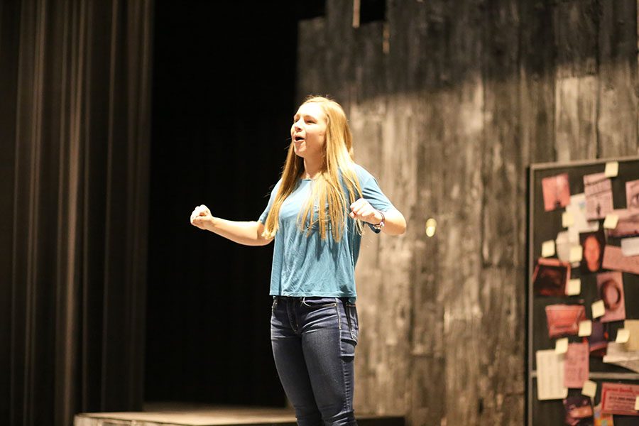 Anna Hastings, sophomore, rehearsing for her performance as three characters in Trap.
