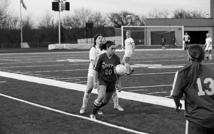 Kendall Staley, sophomore, gets ready to kick the ball in. Their record as of May 7, is eight wins, four losses, and two ties. The team is ranked second in the league. The state championship game is on May 25-26 at the College Boulevard Activities Complex (CBAC).    