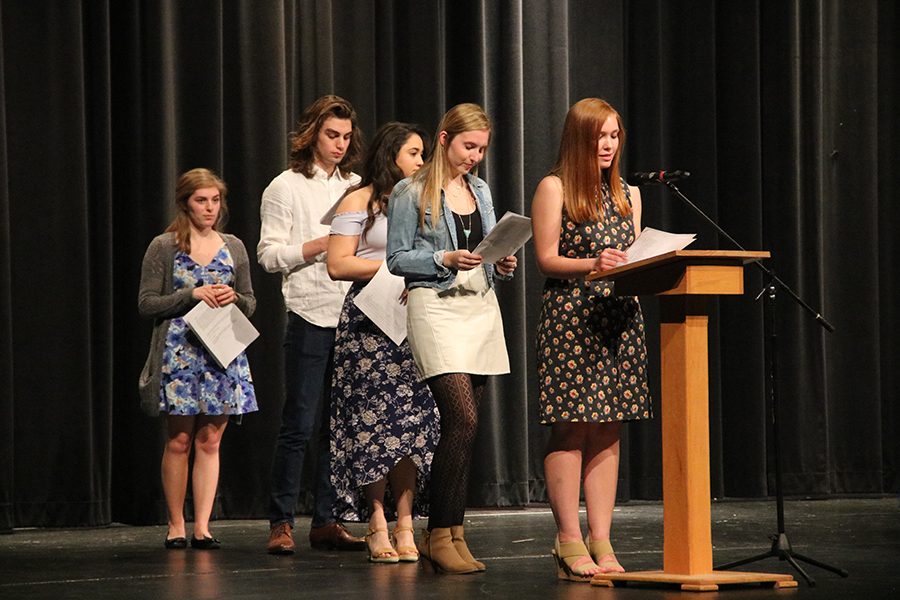 Kirsten Herzog speaking about scholarships during the nhs induction ceremony on 4/17