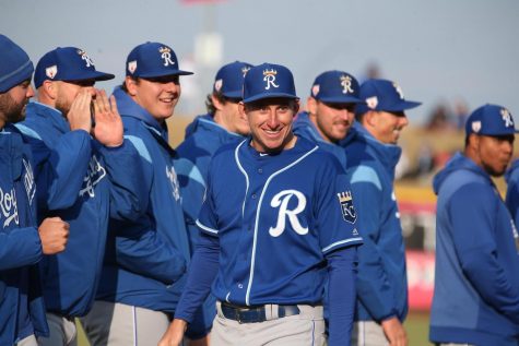 Frank Schwindel, first baseman, receives a warm ovation from the crowd in Omaha before an exhibition game. Schwindel received news prior to the game that he had been selected for the Royals Major League roster for Opening Day. Photo courtesy of Minda Haas Kuhlmann.