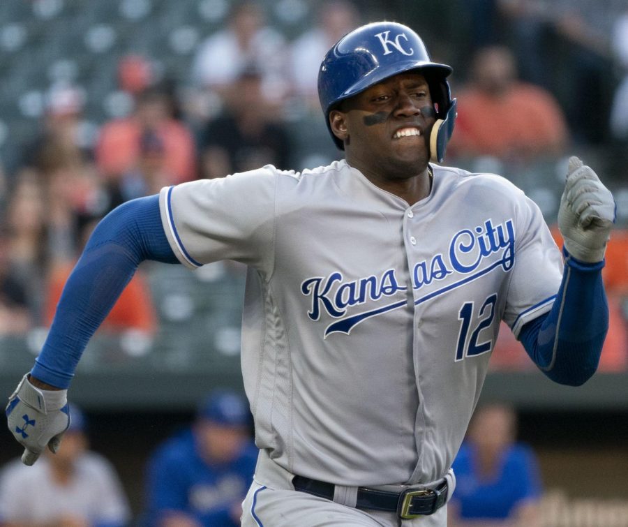 Jorge Soler, right fielder, runs out a ground ball against the Baltimore Orioles.