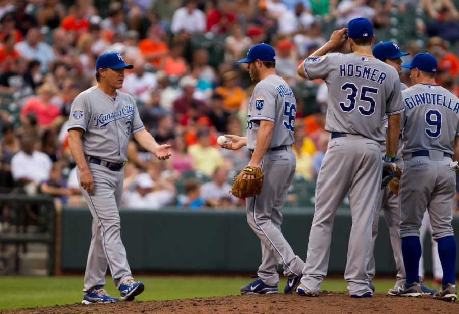 Ned Yost, Royals manager, walks to the pitchers mound to remove Greg Holland, pitcher, from a game against the Baltimore Orioles. Yost announced his retirement, ending the most successful managerial tenure in Royals history.