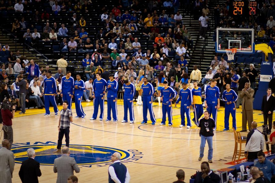 The Golden State Warriors line up before a game against the Detroit Pistons. The Warriors may be forced to relocate some games to Kansas City due to the ongoing coronavirus pandemic.