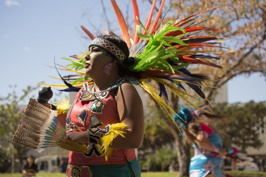 To celebrate Indigenous People’s Day, Cynthia Valquez performs with her Danza Azteca group “Xipe Totec,” named for the Mesoamerican god of spring. Danza Azteca refers to a modern indigenous dance tradition in Central Mexico based on the culture of the Chichimec and Otomi warrior tribes in the Aztec Empire. 