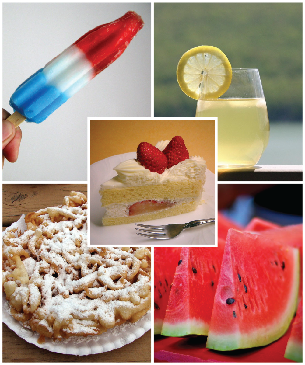 a compilation of summer treats (bomb-pop, lemonade, strawberry shortcake, funnel cake, watermelon)