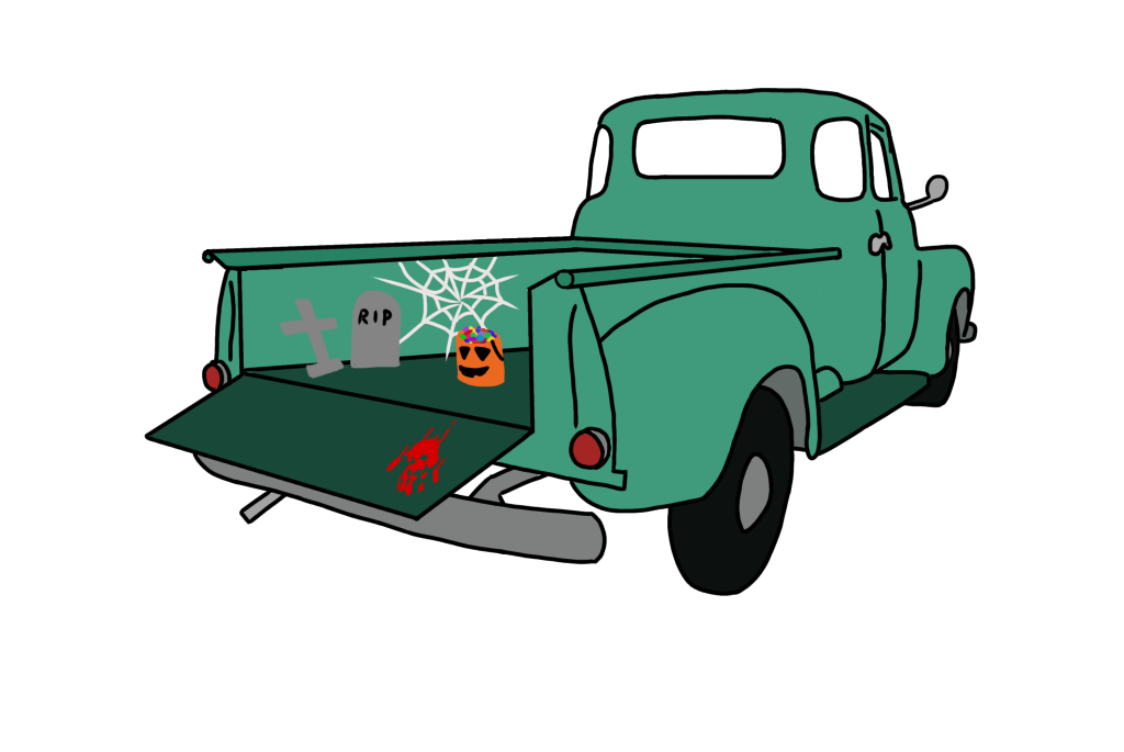 Drawing of an old school truck with halloween decorations.