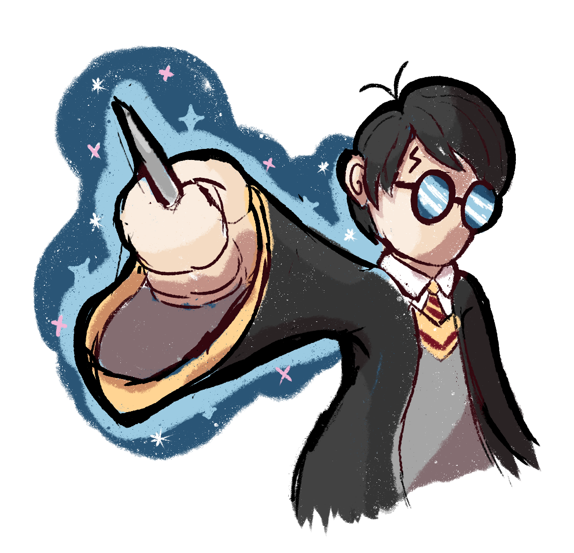 Harry Potter brandishes his wand, about to cast a spell.