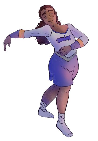 A girl in a Golden Girls uniform dances.