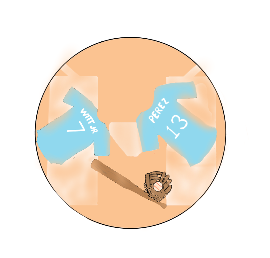 Illustration depicts baseball uniforms, a bat and a glove laying on home base.