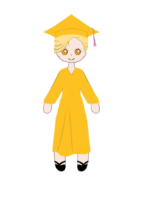 A person wears a yellow graduation cap and gown while smiling.
