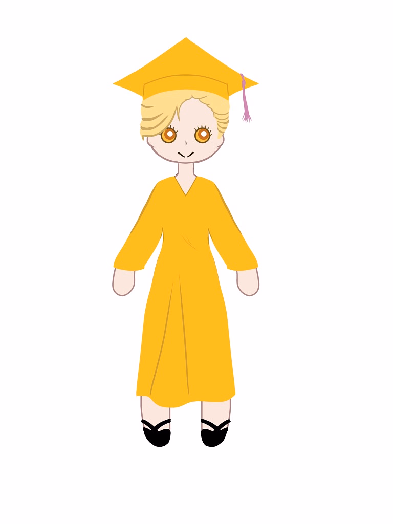 A person wears a yellow graduation cap and gown while smiling.